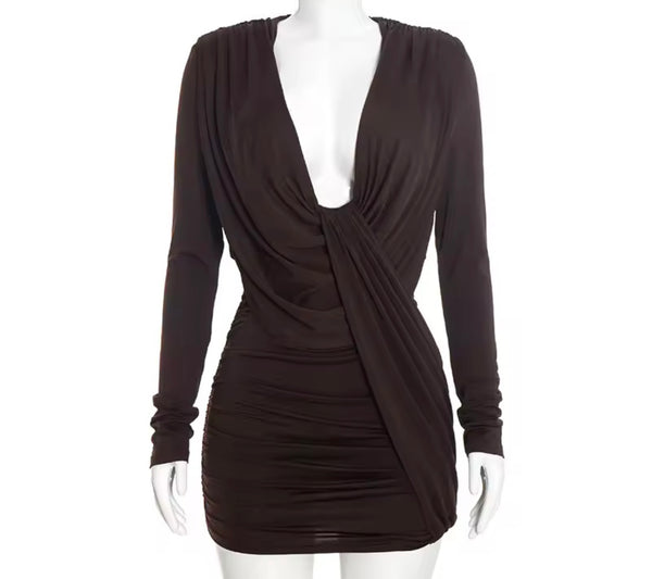 Women Sexy V-Neck Ruched Full Sleeve Dress