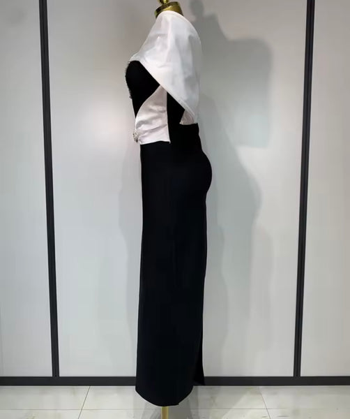 Women Sexy Strapless B&W Rhinestone Maxi Dress