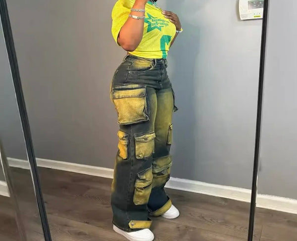 Women Fashion Yellow Paint Patchwork Cargo Denim Pants