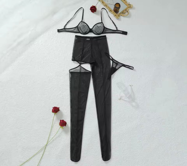 Women Sexy Bling Heart Black Mesh Three Piece Lingerie Set