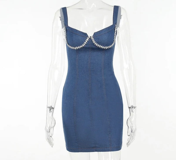 Women Sexy Fashion Sleeveless Bling Denim Dress