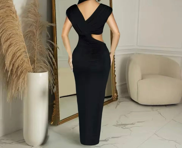 Women Sexy Solid Color Short Sleeve Cut Out Maxi Dress