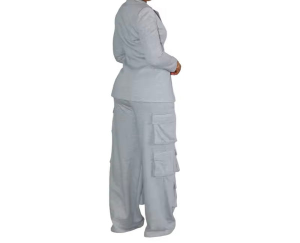 Women Fashion Gray Blazer Two Piece Cargo Pant Set