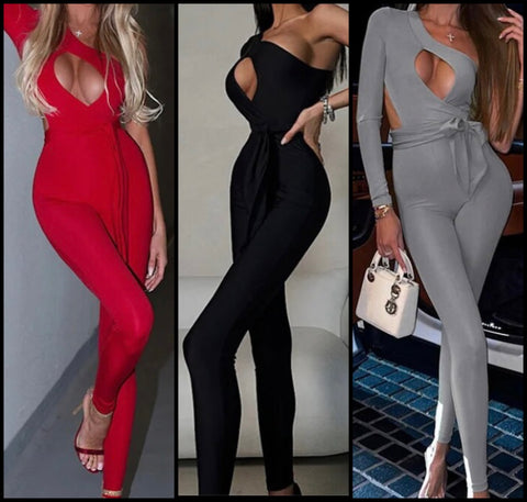 Women Sexy Solid Color One Shoulder Cut Out Jumpsuit