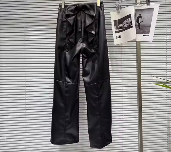 Women Fashion Ruffled Faux Leather Pants