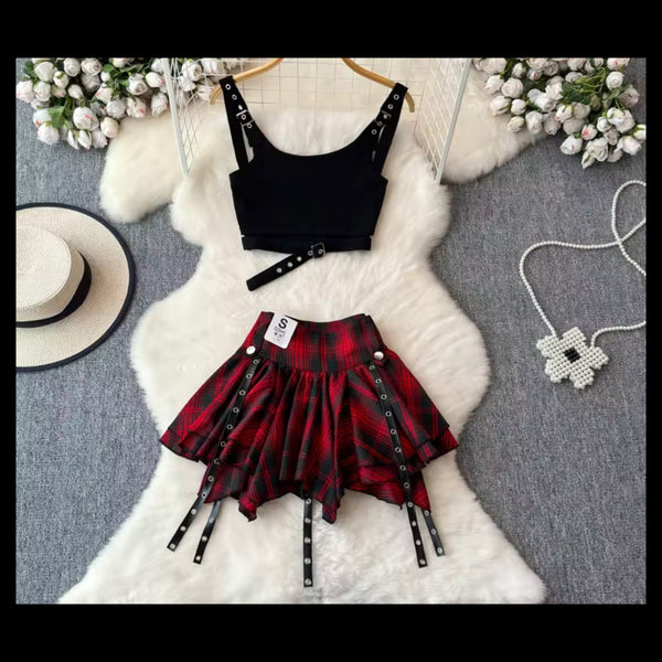 Women Sexy Sleeveless Buckled Crop Two Piece Plaid Skirt Set