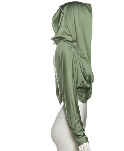 Women Fashion Green Hooded Ruched Full Sleeve Crop Top