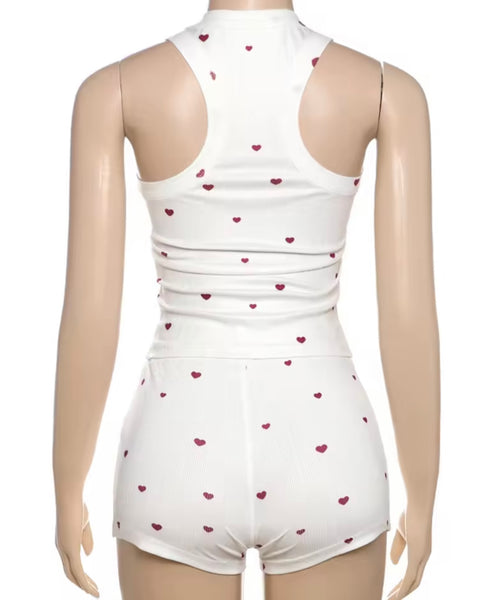 Women Sleeveless Ribbed Heart Print Lingerie Set