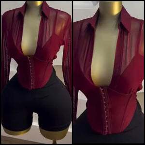 Women Button Up Burgundy Full Sleeve Mesh Top
