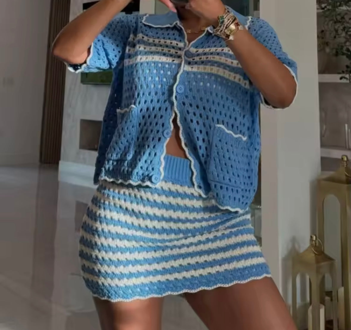 Women Sexy Short Sleeve Striped Knitted Two Piece Skirt Set