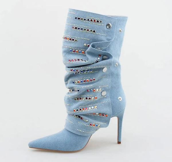 Women Fashion Button Color Rhinestone Denim Boots