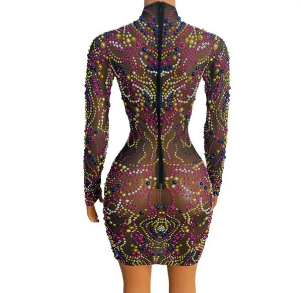 Women Sexy Full Sleeve Colorful Beaded Mesh Dress