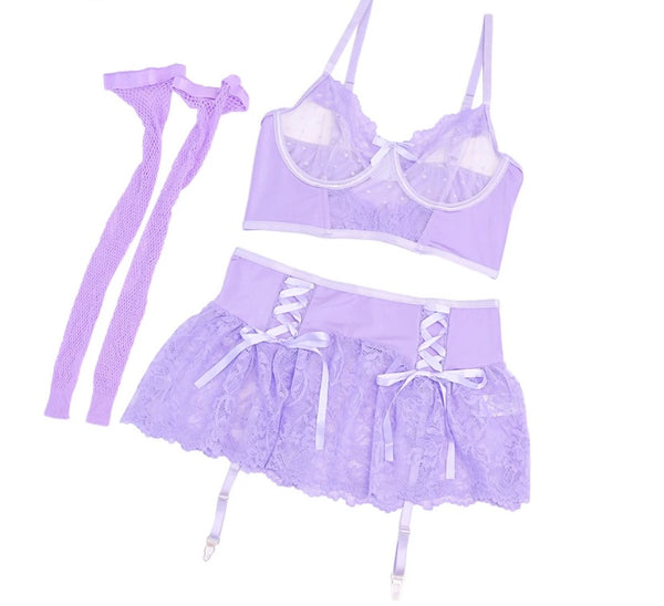 Women Sexy Lavender Lace Lingerie Set