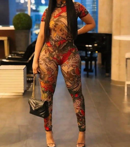 Women Sexy Printed Mesh Open Back Short Sleeve Jumpsuit