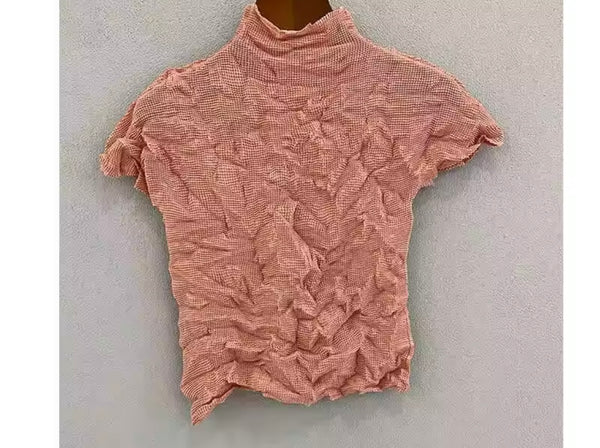 Women Color Short Sleeve Crinkle Fashion Top