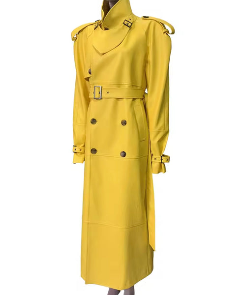 Women Fashion Yellow Belted Button Up Faux Leather Trench Jacket