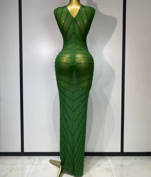 Women Sexy Sleeveless Bling Rhinestone Mesh Maxi Dress