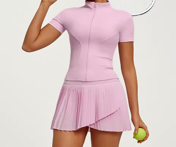 Women Zip Up Short Sleeve Sexy Two Piece Pleated Skirt Set