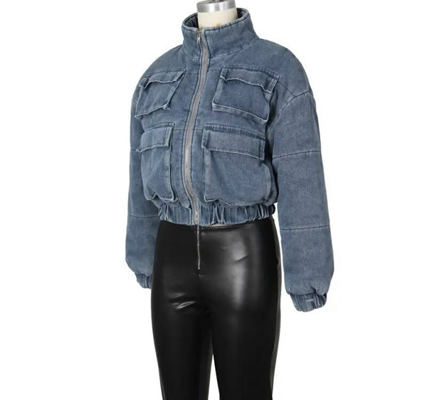 Women Fashion Pocket Puff Denim Jacket