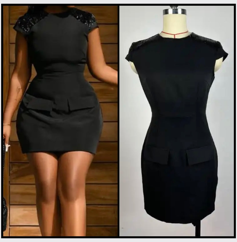 Women Black Sexy Sequins Patchwork Short Sleeve Dress