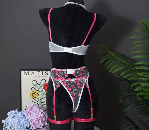 Women White Pink Heart Sexy Mesh Lingerie Set