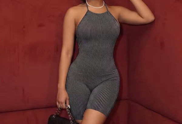 Women Sexy Halter Sleeveless Ribbed Romper