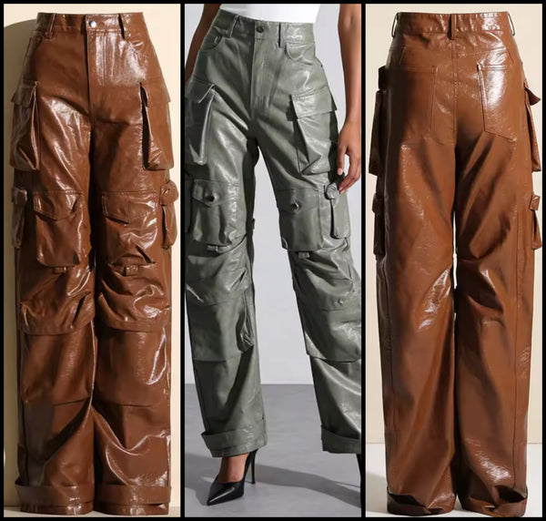 Women Fashion Faux Leather Cargo Pants