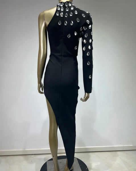 Women Sexy Black One Shoulder Full Sleeve Crystal Maxi Dress