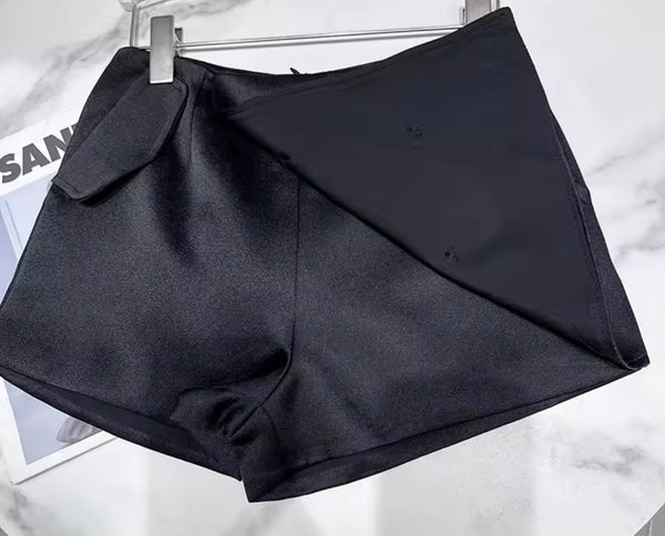 Women Black Fashion Bow Button Full Sleeve Two Piece Wrap Short Set
