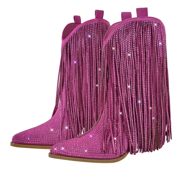 Women Fashion Bling Tassel Western Boots