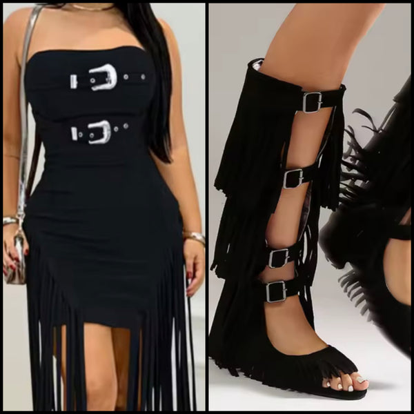 Women Sexy Buckled Strapless Fringe Tassel Suede Dress