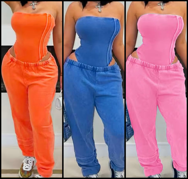 Women Strapless Color Bodysuit Two Piece Fashion Pant Set