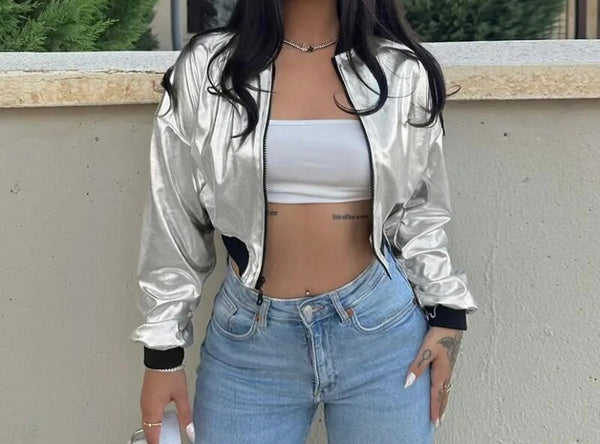 Women Fashion Metallic Color Patchwork PU Crop Jacket