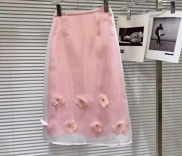 Women Sexy Sleeveless Pink 3D Floral Two Piece Skirt Set