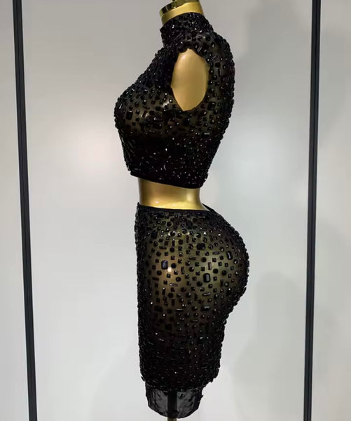 Women Sexy Sleeveless Crystal Mesh Two Piece Skirt Set