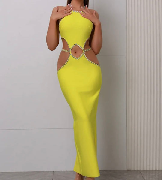 Women Yellow Rhinestone Sexy Halter Sleeveless Maxi Dress