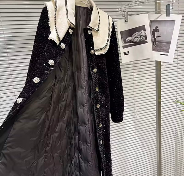 Women Fashion B&W Sequence Pearl Button Up Trench Jacket