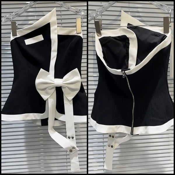 Women Sexy Strapless B&W Bow Crop Top