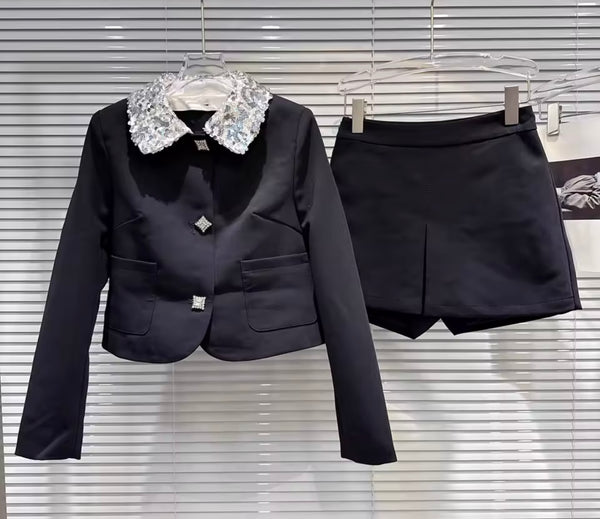 Women Black Lace Collar Bling Button Up Blazer Two Piece Short Set