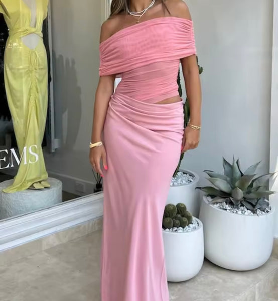Women Sexy Off The Shoulder Solid Color Mesh Patchwork Dress