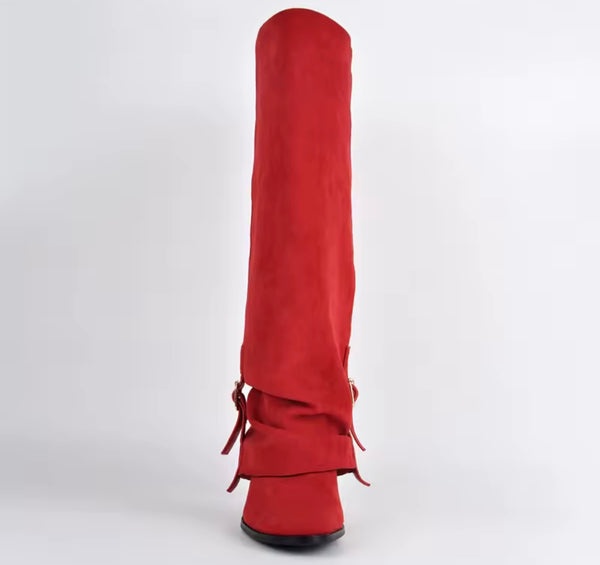 Women Fashion Red Suede Ruched Buckle Knee High Boots