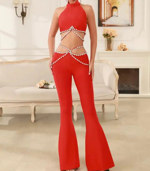 Women Red Rhinestone Sexy Sleeveless Two Piece Pant Set