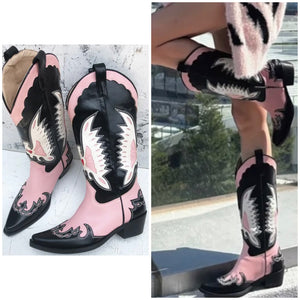 Women Fashion Faux Leather Color Patchwork Western Boots