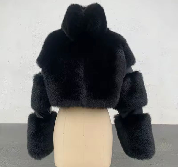 Women Fashion Solid Color Faux Fur Short Jacket