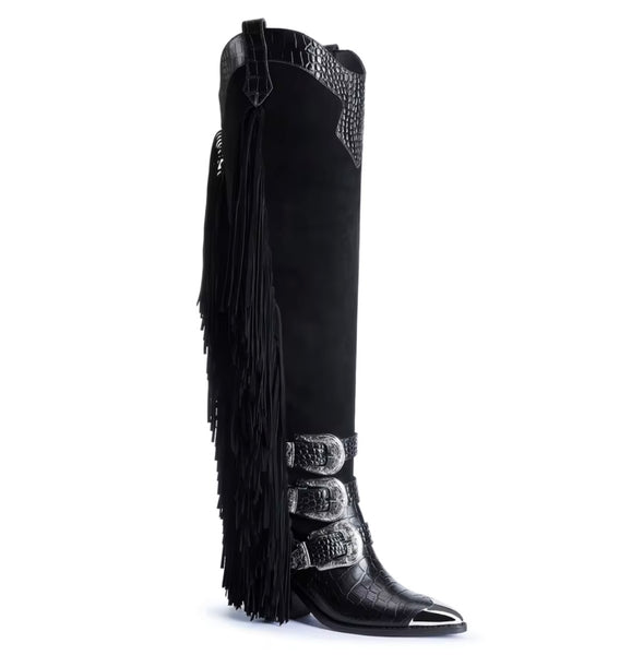 Women Fashion Fringe Buckled Knee High Western Boots