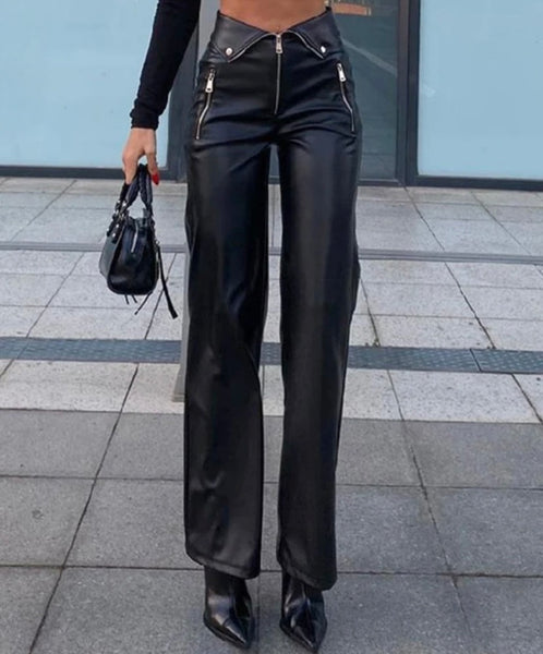 Women Zipper Black Fashion Faux Leather Pants