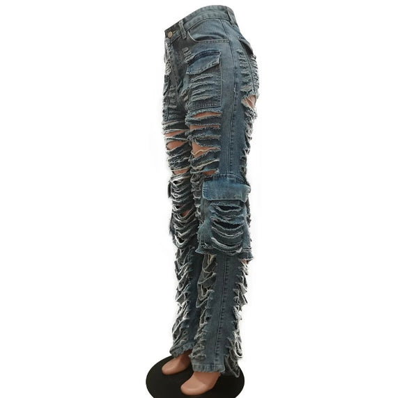 Women Fashion Ripped Cargo Denim Pants