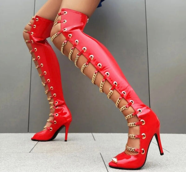 Women Fashion Open Toe Chain Patent Leather Knee High Boots