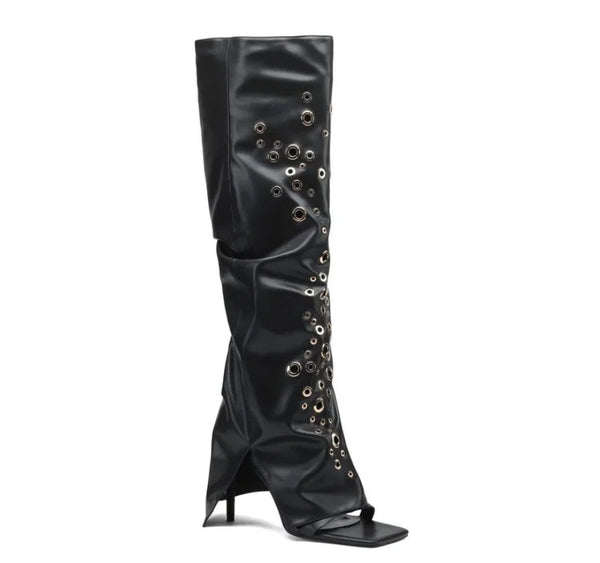 Women Open Toe Fashion Faux Leather Black Rivet Knee High Boots