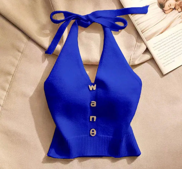 Women Fashion Sleeveless Halter Bling Letter Print Crop Top